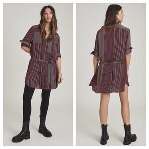 NWT Reiss Albi Burgundy Striped Shirt Dress Size 0 Tie Waist Button Workwear